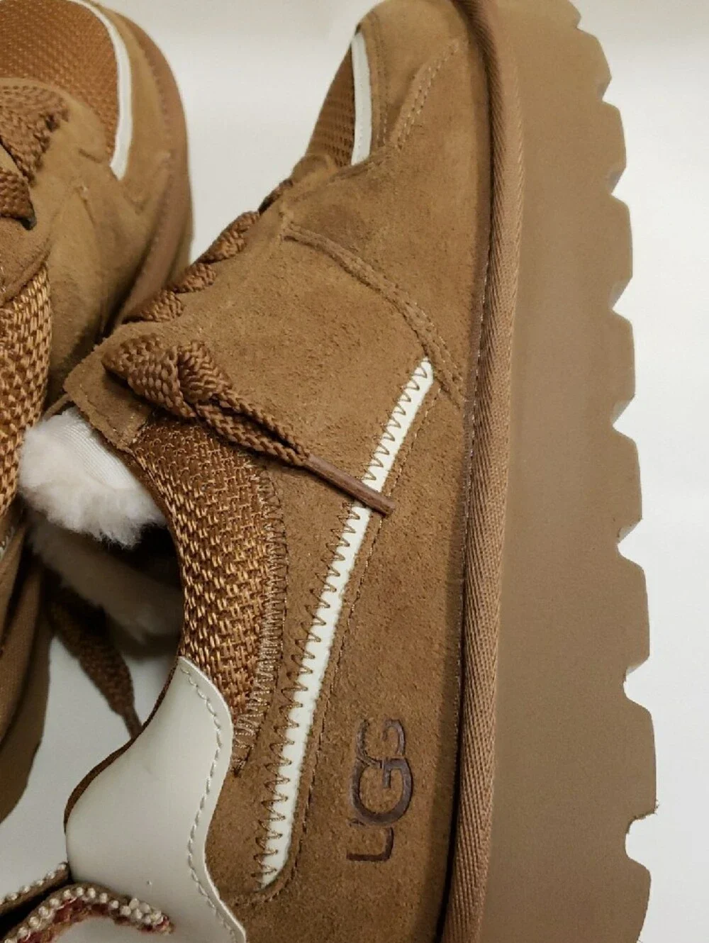UGG Chestnut Brown Suede Lace-Up Sneakers with Shearling Collar, Size 6